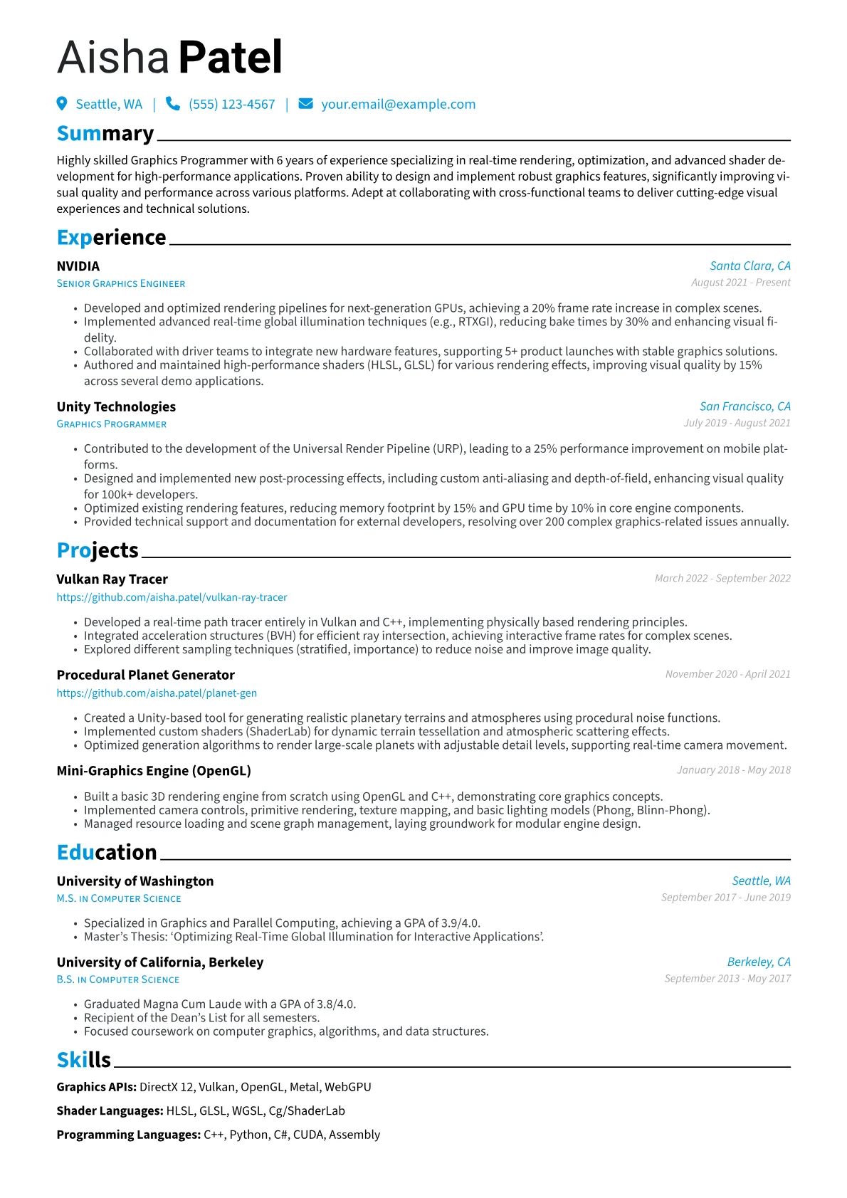 Graphics Programmer Resume Example CV template - Page 1