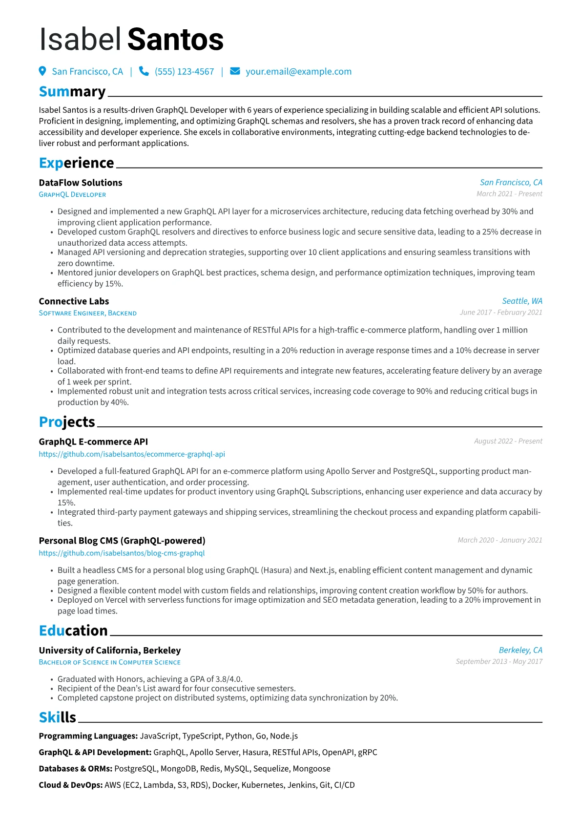 GraphQL Developer Resume Example CV template - Page 1