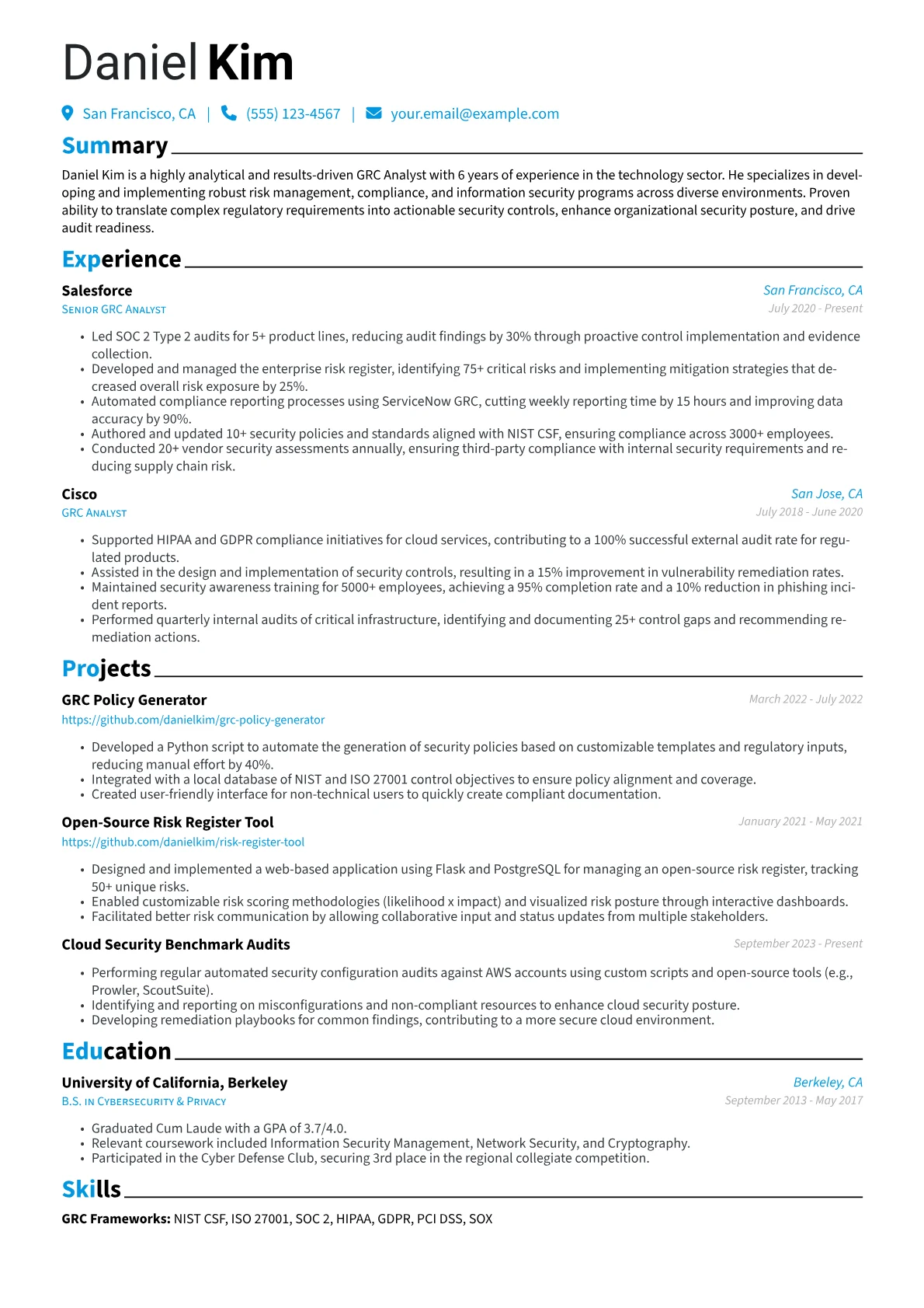 GRC Analyst Resume Example CV template - Page 1