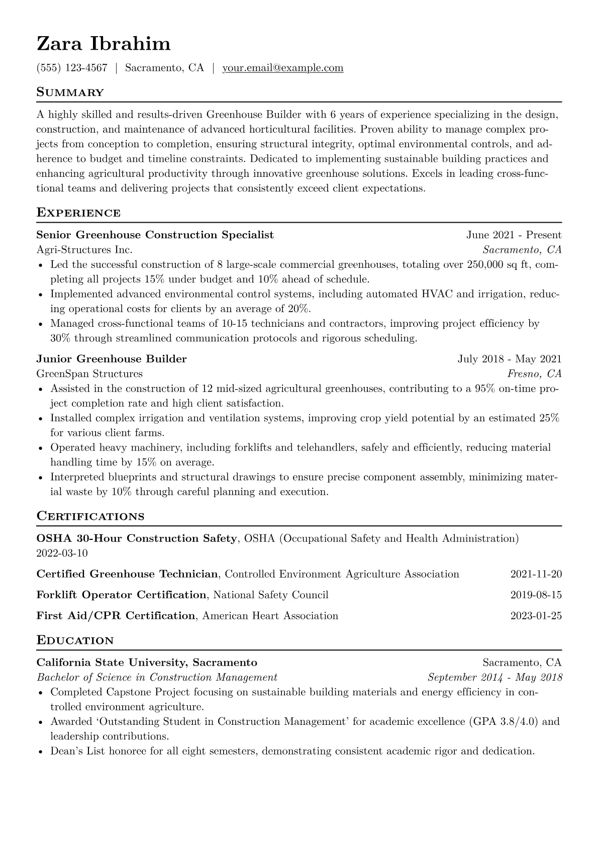 Greenhouse Builder Resume Example CV template - Page 1