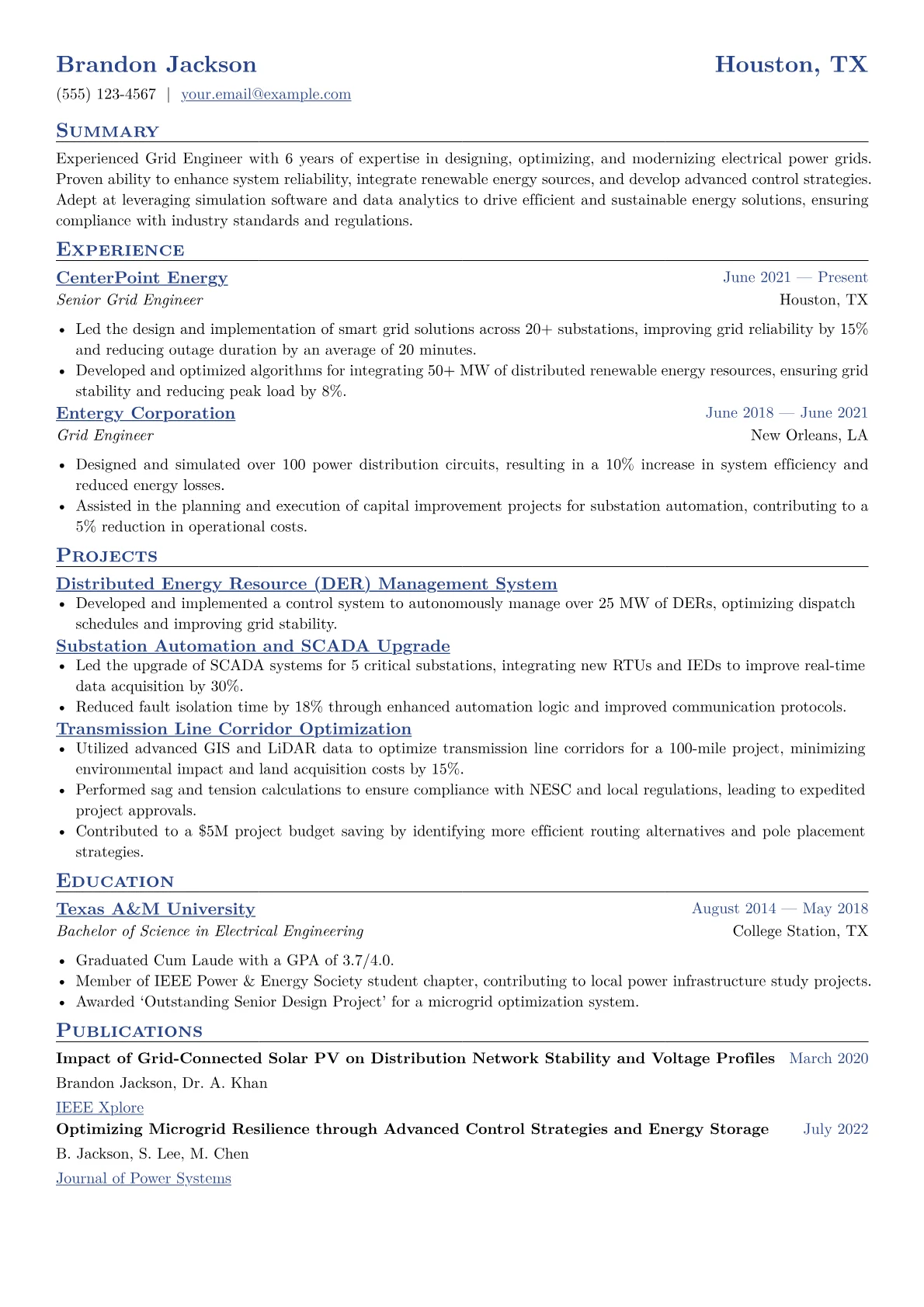 Grid Engineer Resume Example CV template - Page 1