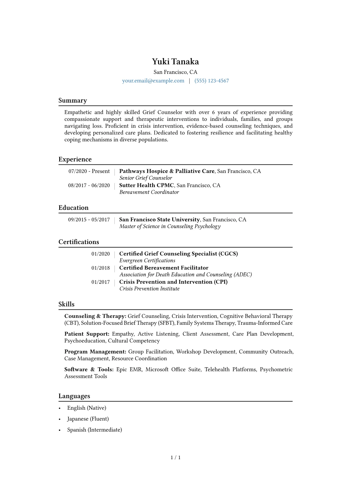 Grief Counselor Resume Example CV template - Page 1