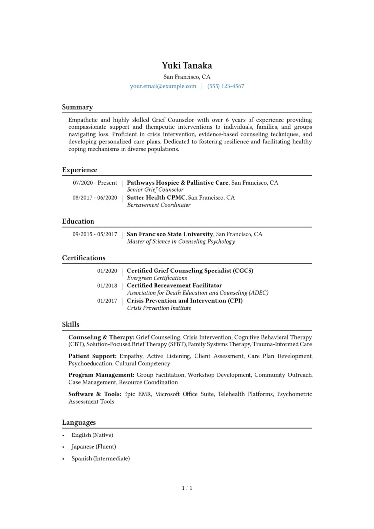 Grief Counselor Resume Example CV template preview