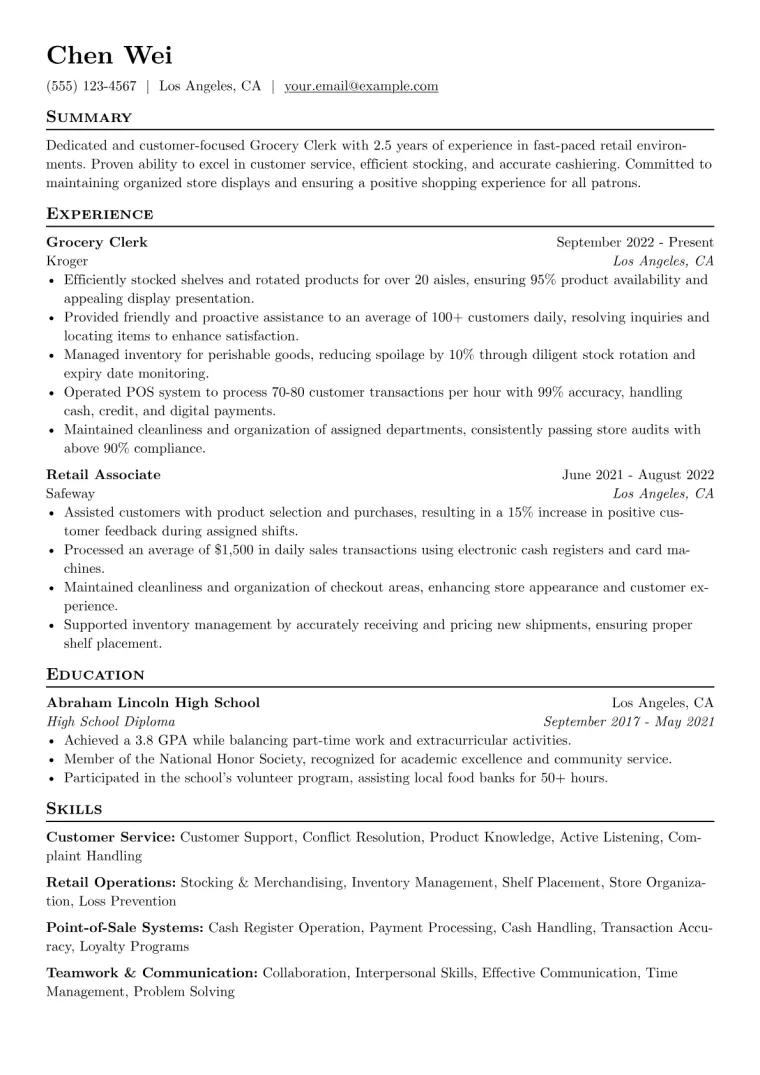 Grocery Clerk Resume Example CV template preview