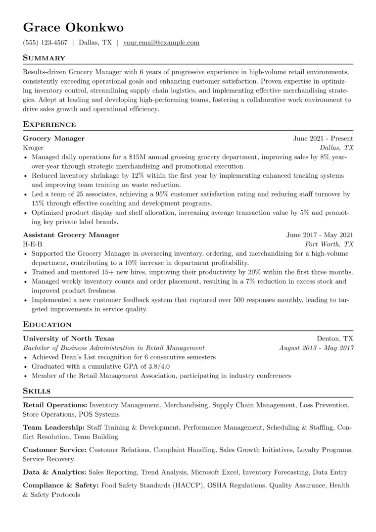 Grocery Manager Resume Example CV template preview
