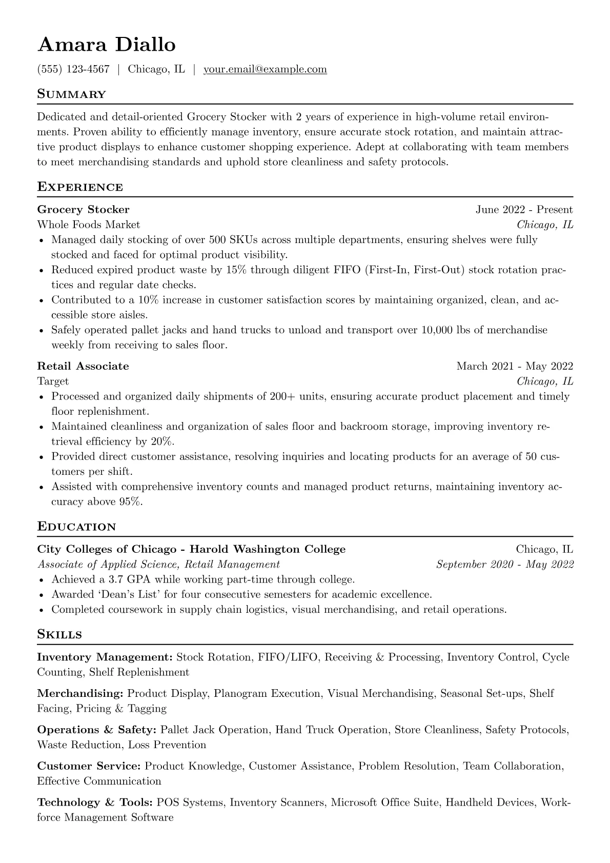 Grocery Stocker Resume Example CV template - Page 1