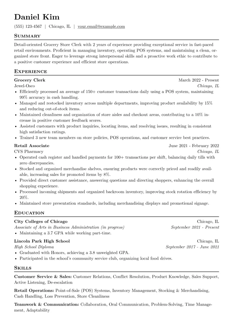 Grocery Store Clerk Resume Example CV template preview
