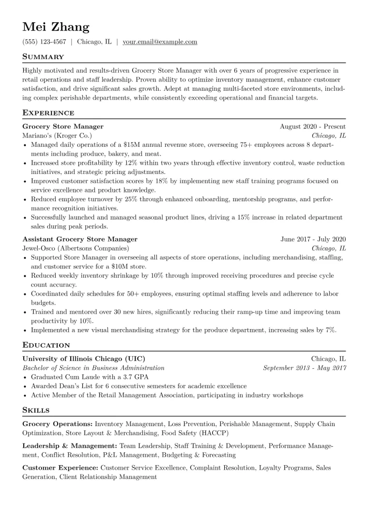 Grocery Store Manager Resume Example CV template preview