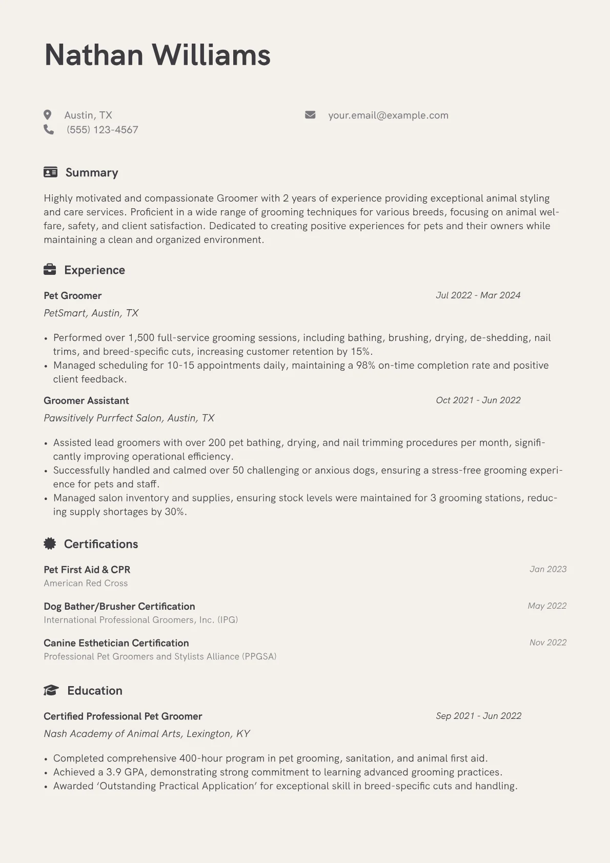 Groomer Resume Example CV template - Page 1