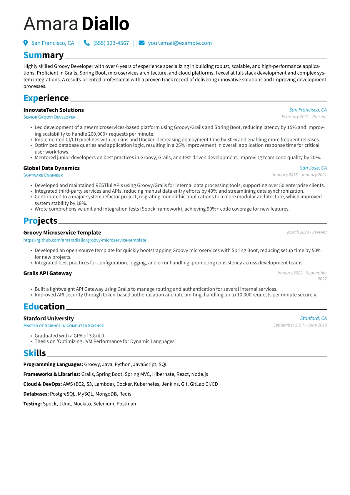 Groovy Developer Resume Example CV template - Page 1