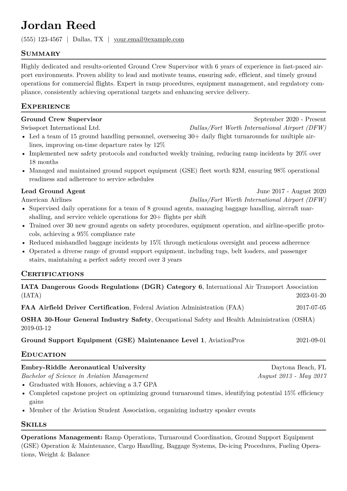Ground Crew Supervisor Resume Example CV template - Page 1
