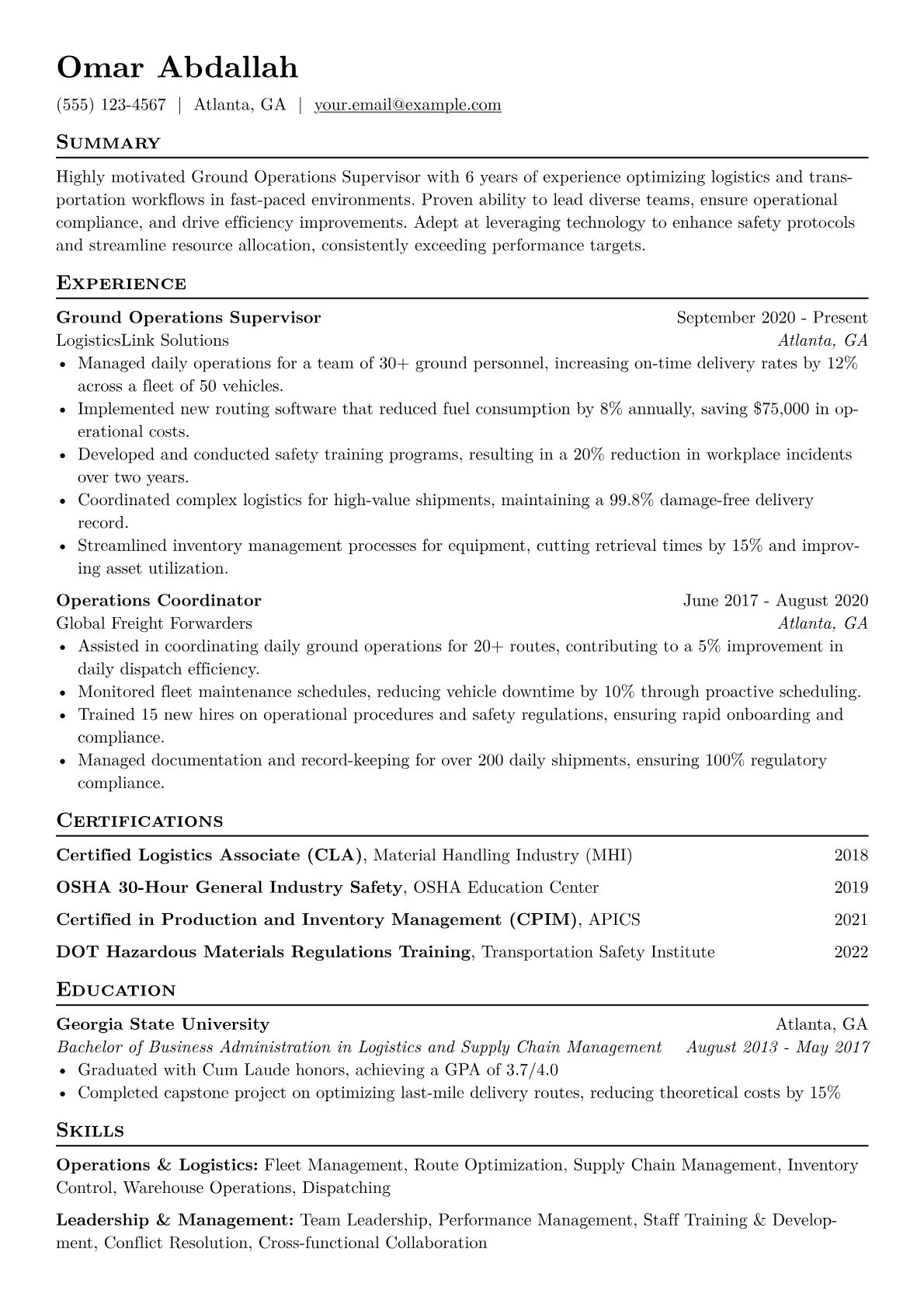 Ground Operations Supervisor Resume Example CV template - Page 1