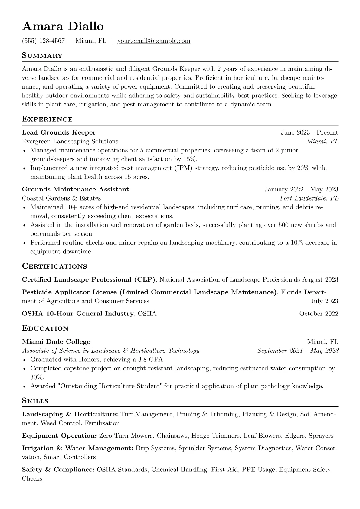 Grounds Keeper Resume Example CV template - Page 1
