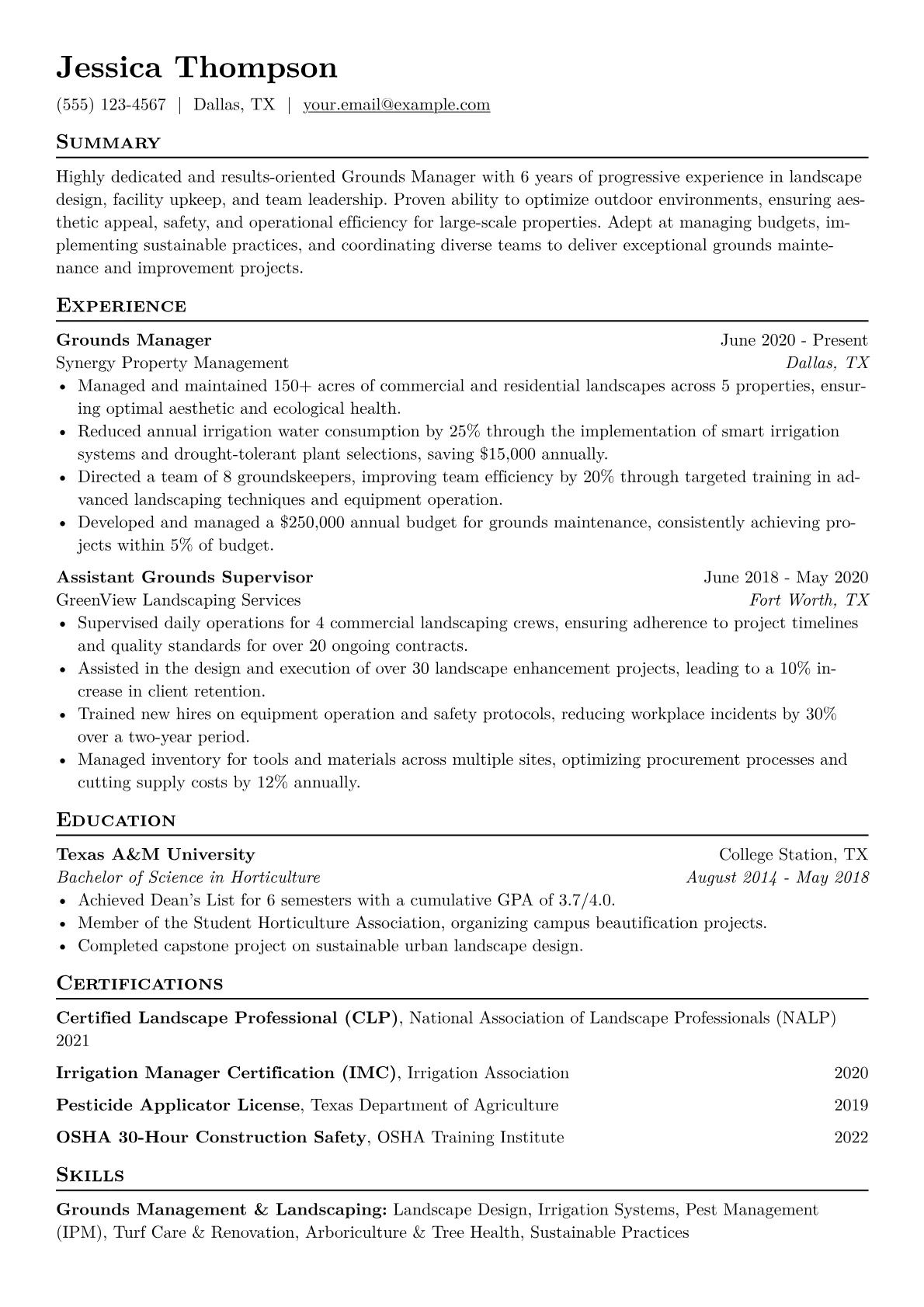 Grounds Manager Resume Example CV template - Page 1