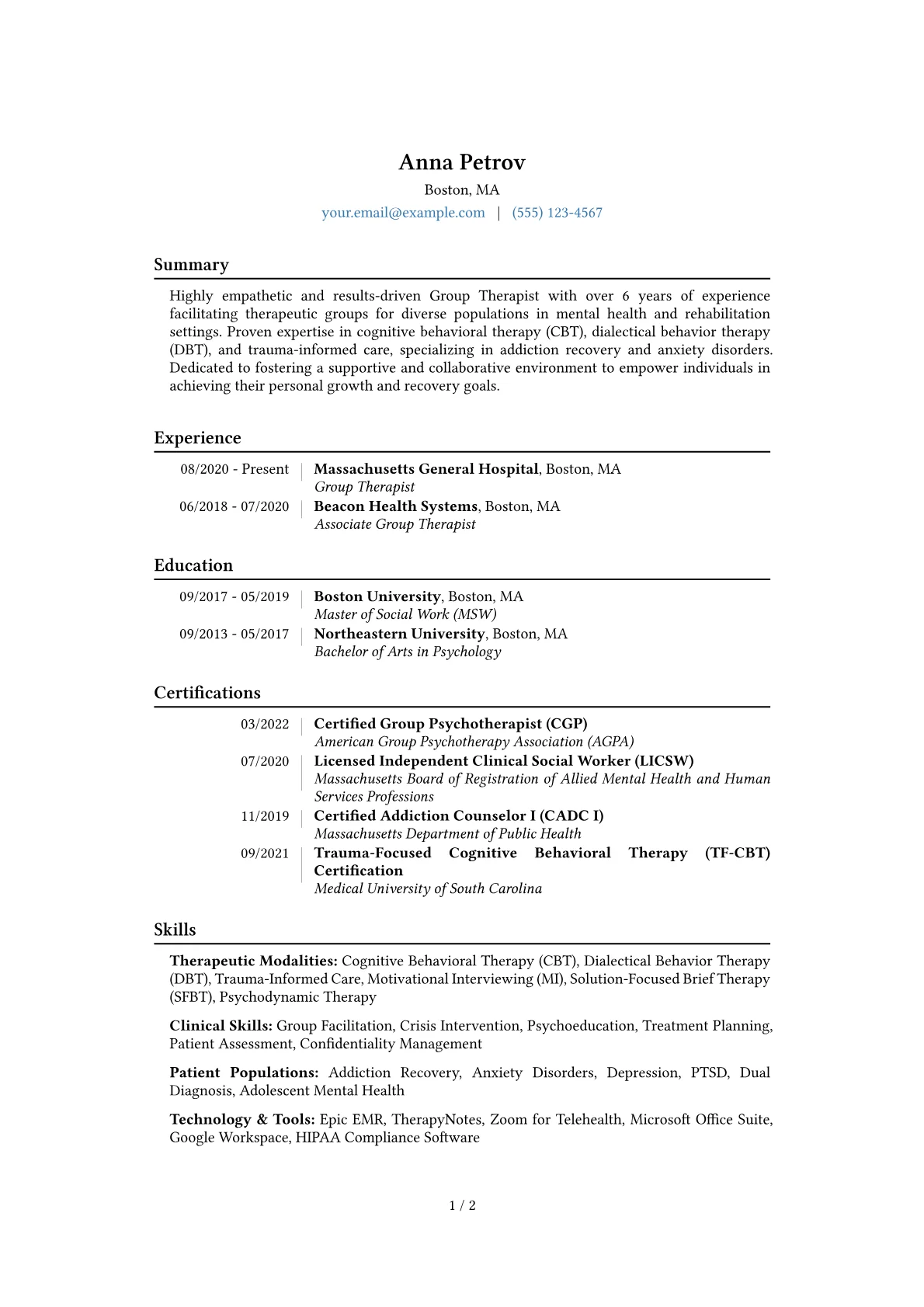Group Therapist Resume Example CV template - Page 1