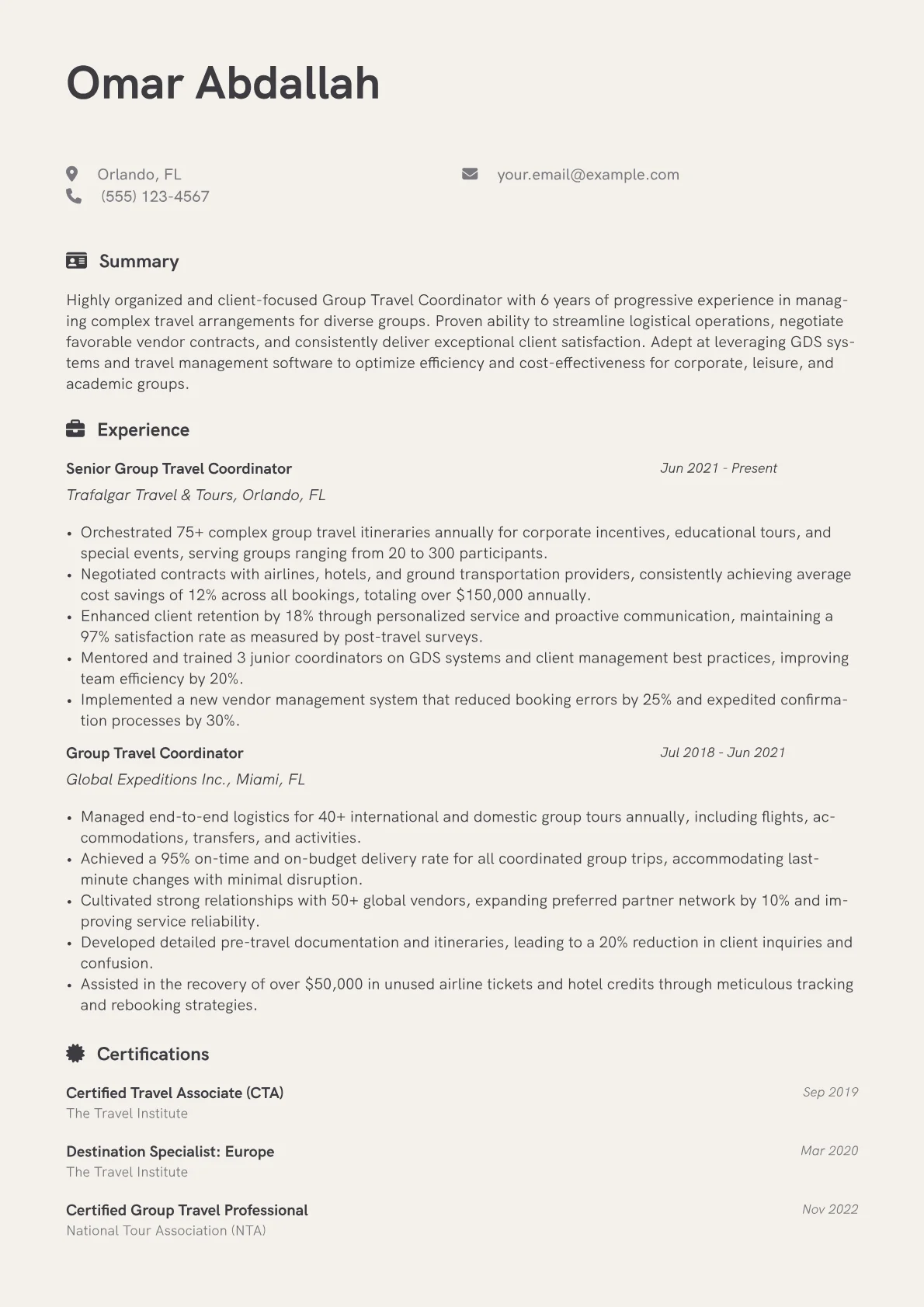 Group Travel Coordinator Resume Example CV template - Page 1