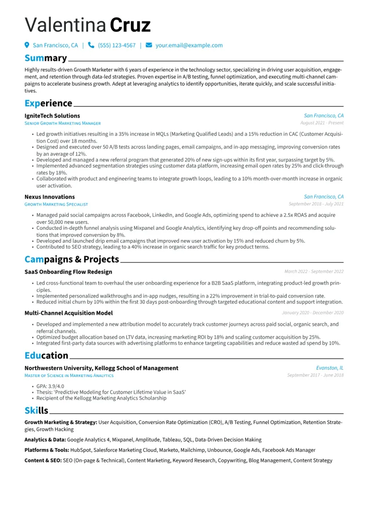 Growth Marketer Resume Example CV template preview
