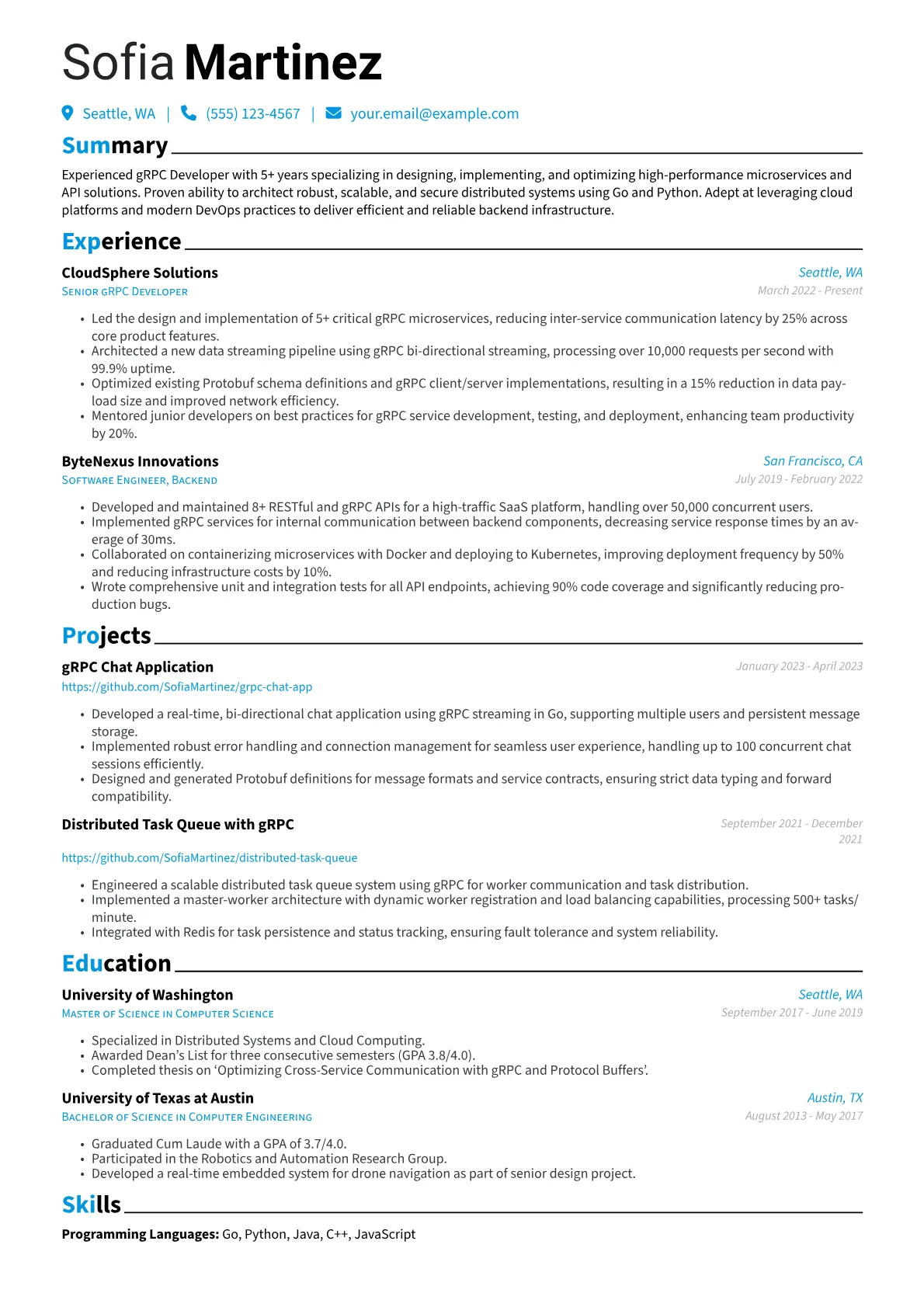 gRPC Developer Resume Example CV template - Page 1