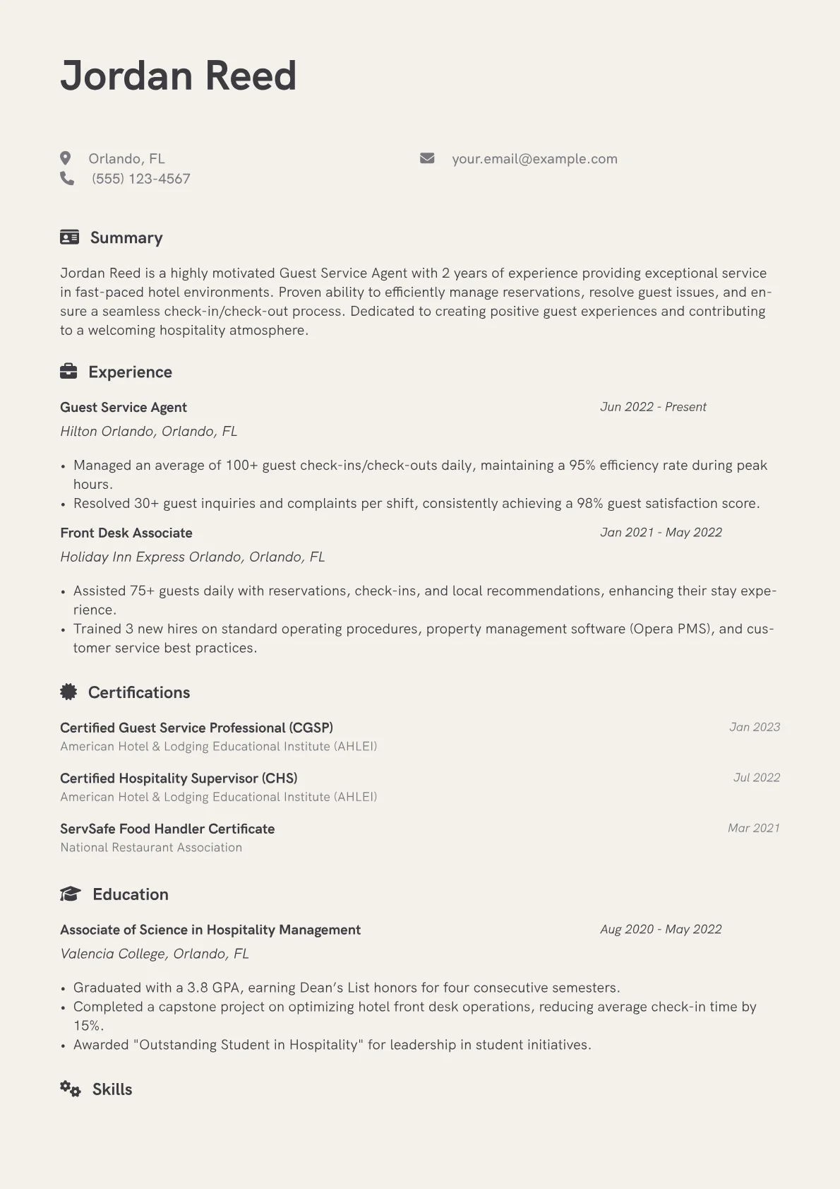 Guest Service Agent Resume Example CV template - Page 1
