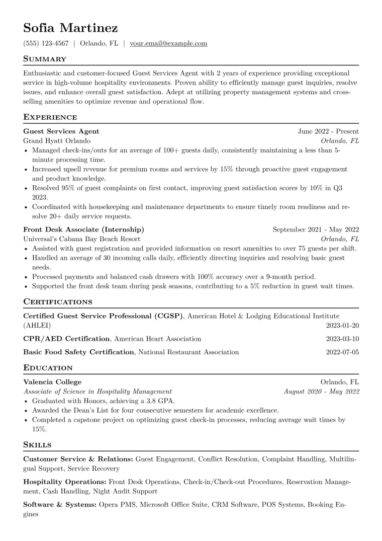 Guest Services Agent Resume Example CV template preview