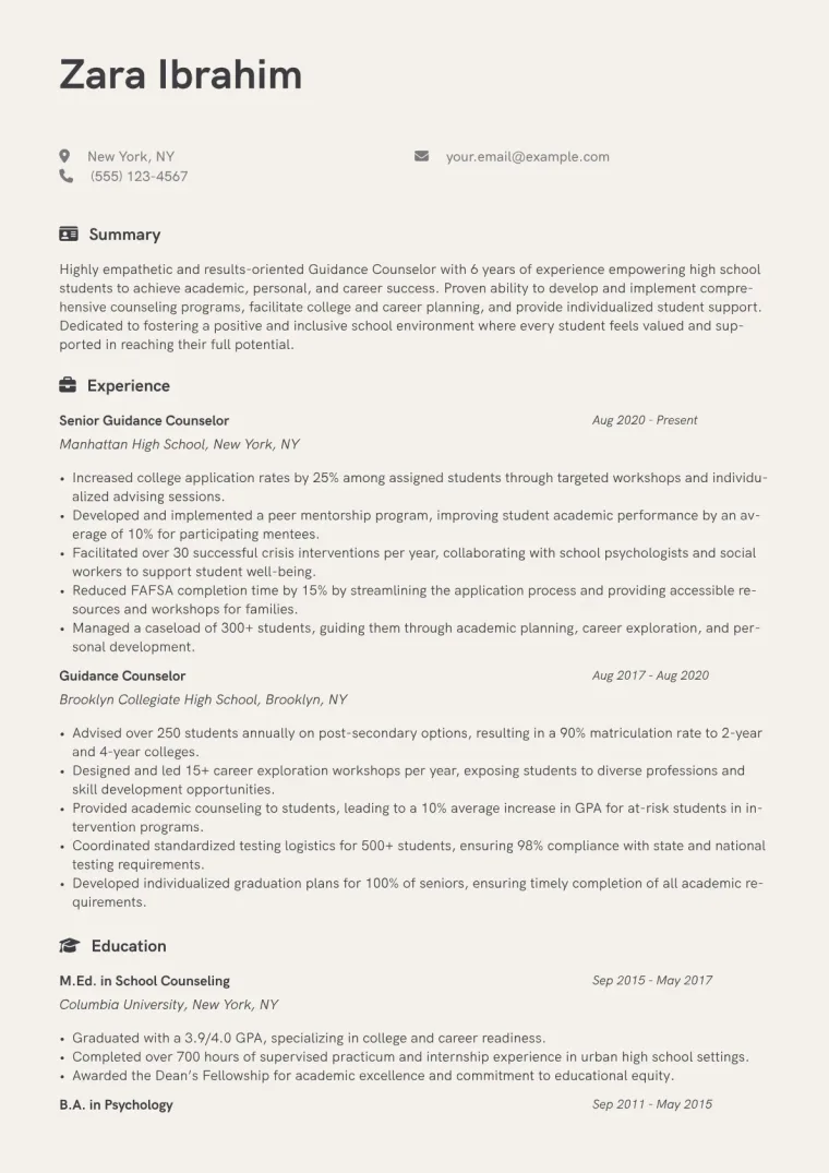Guidance Counselor Resume Example CV template preview