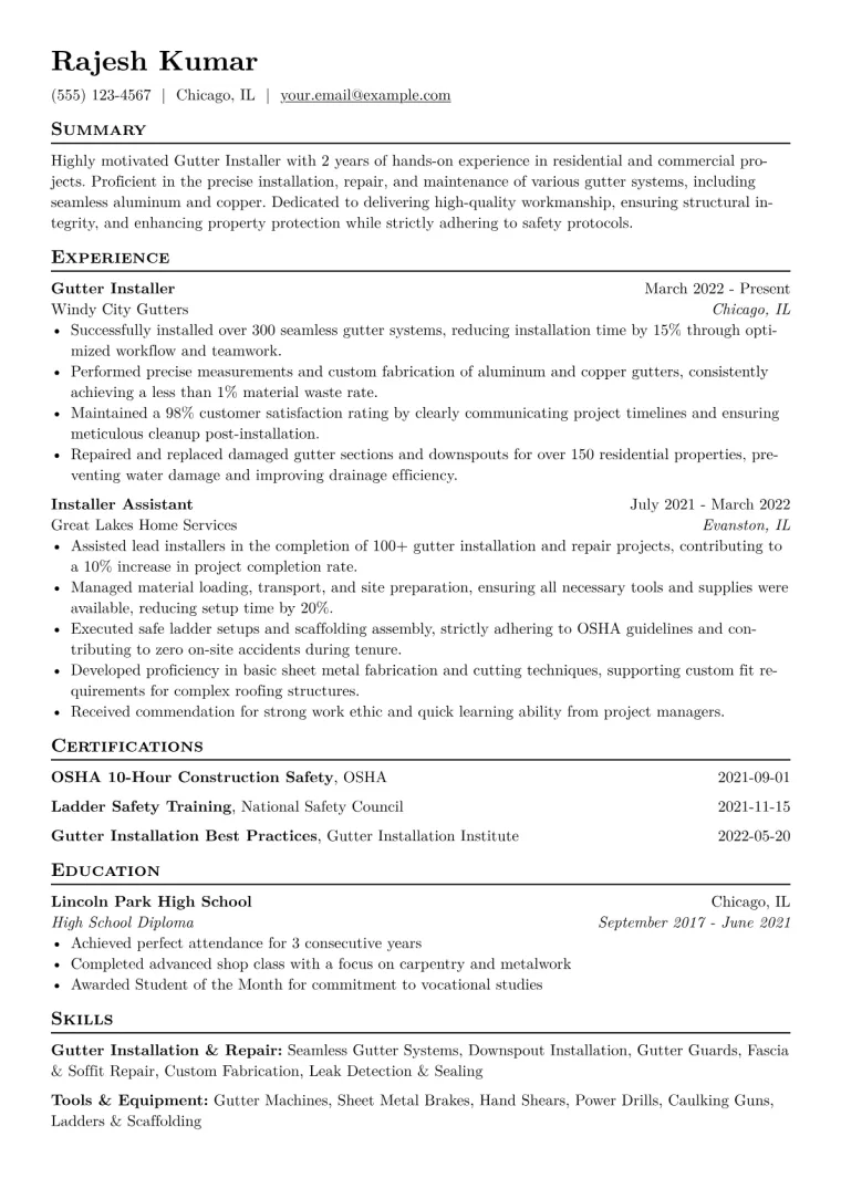 Gutter Installer Resume Example CV template preview