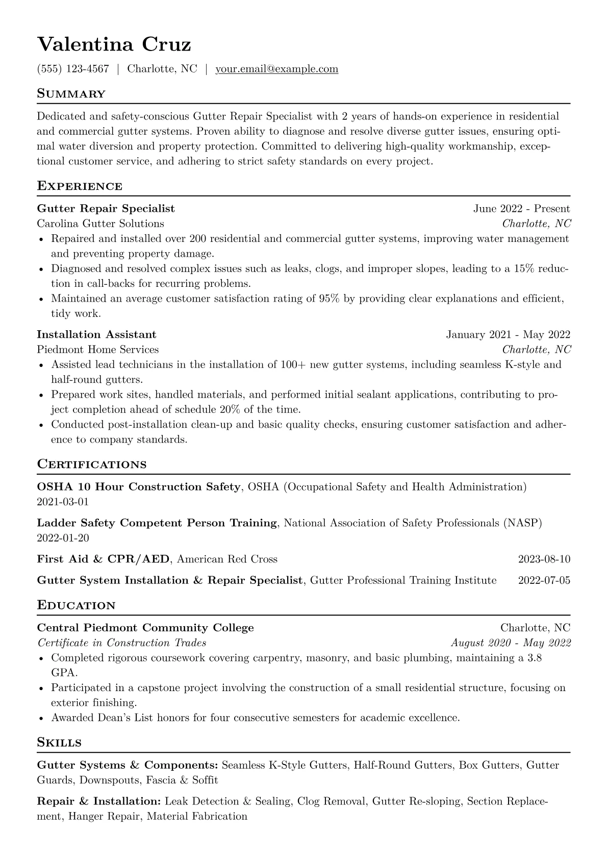 Gutter Repair Specialist Resume Example CV template - Page 1
