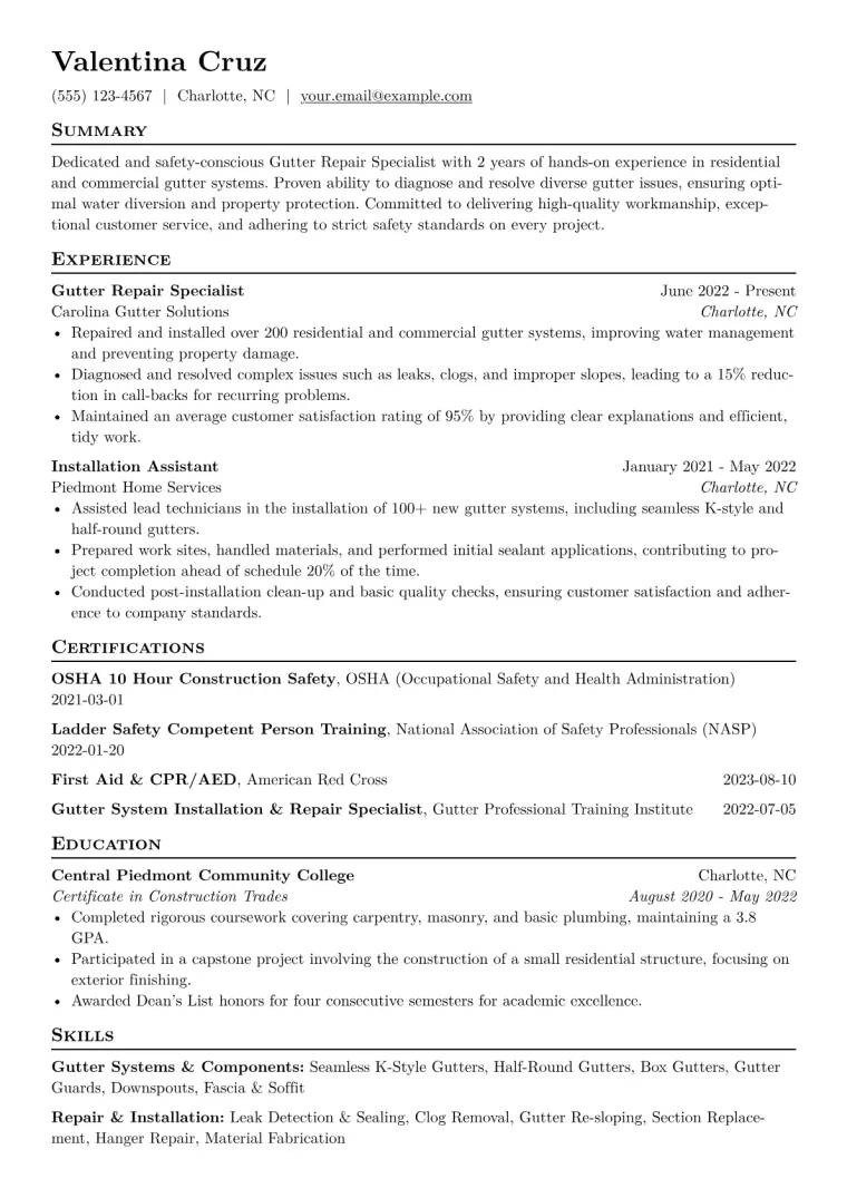 Gutter Repair Specialist Resume Example CV template preview