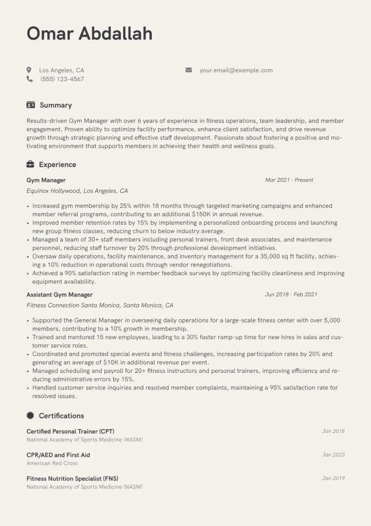 Gym Manager Resume Example CV template preview