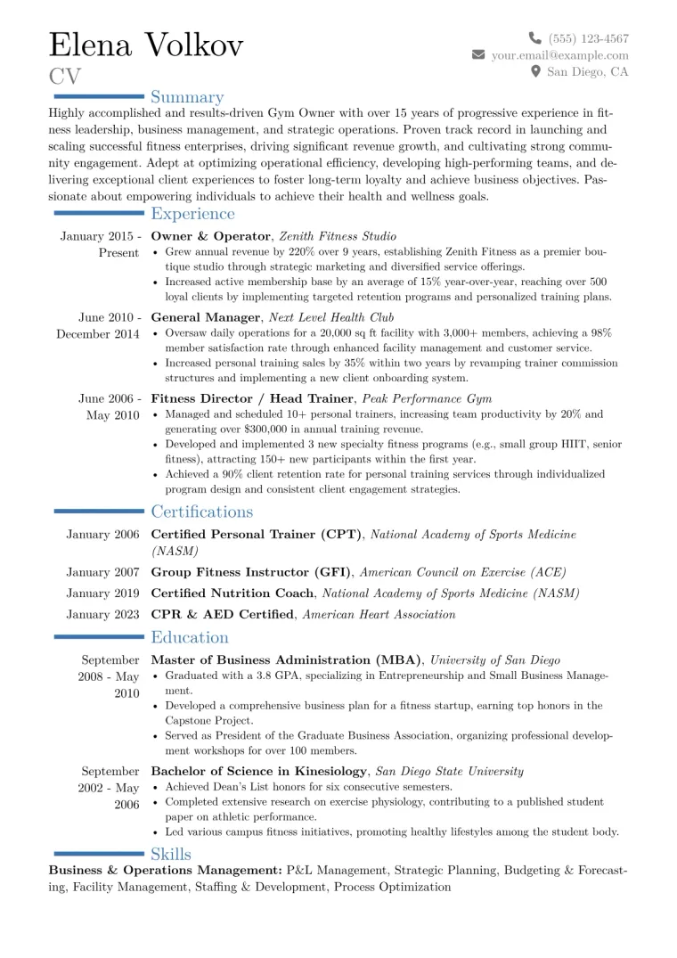 Gym Owner Resume Example CV template preview
