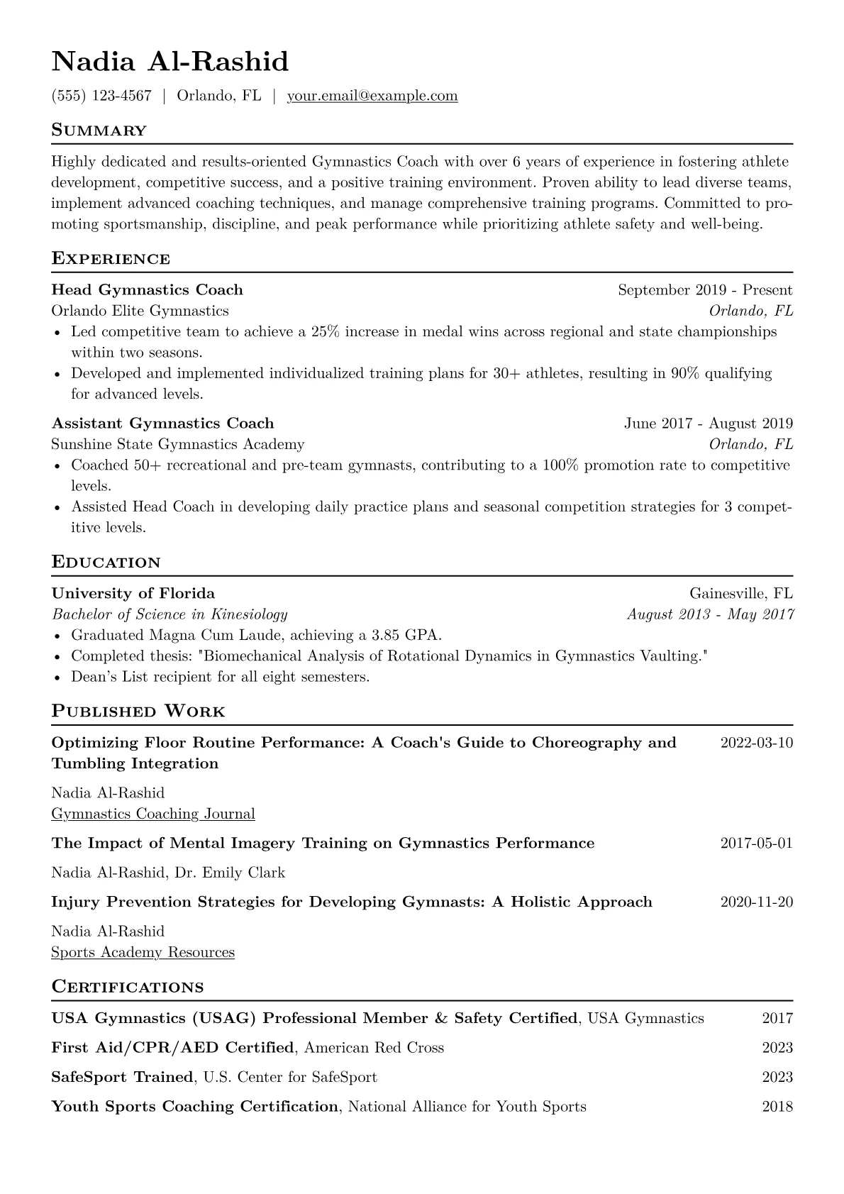 Gymnastics Coach Resume Example CV template - Page 1