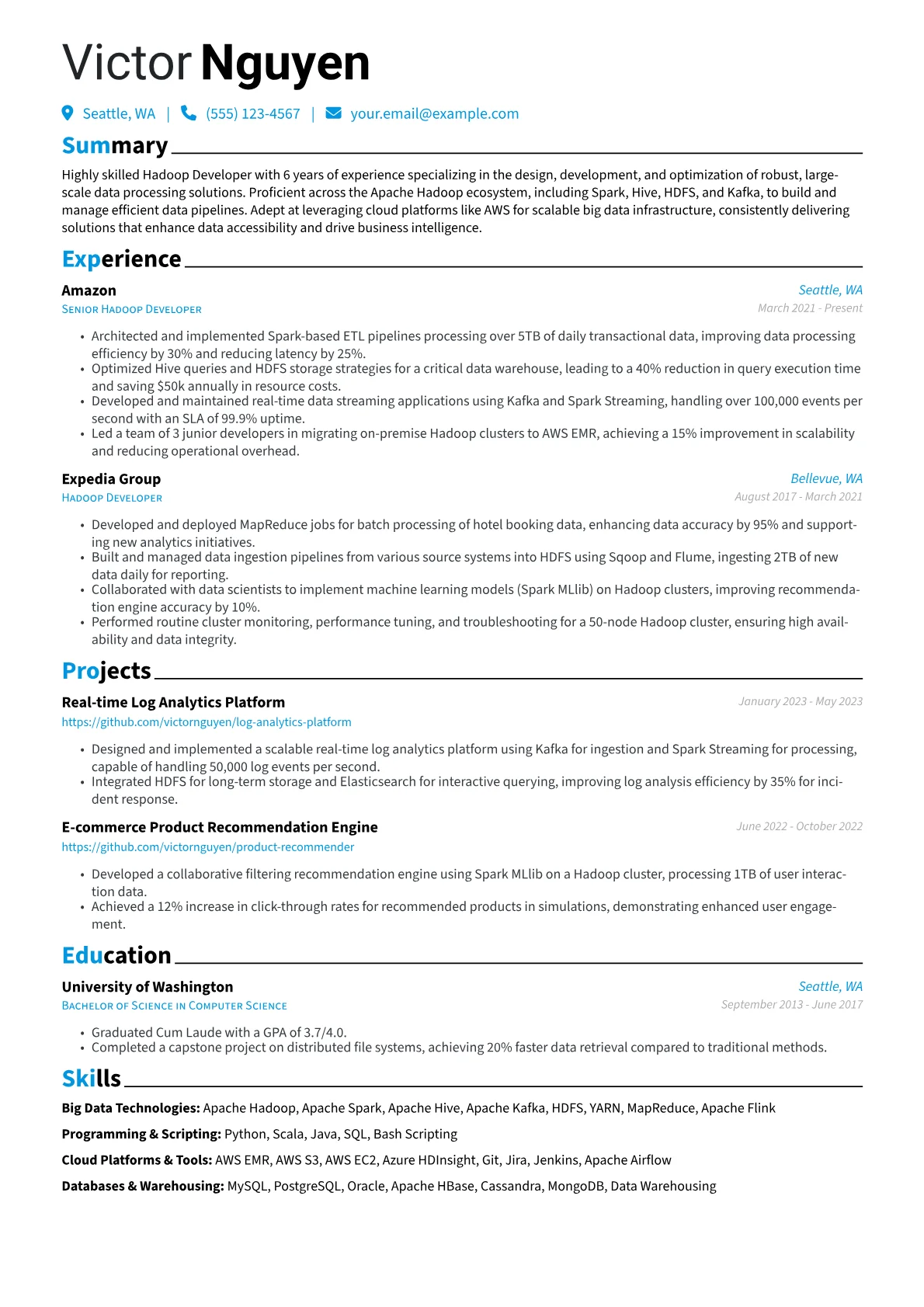 Hadoop Developer Resume Example CV template - Page 1