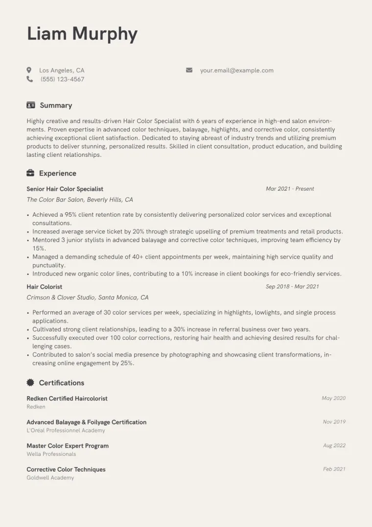 Hair Color Specialist Resume Example CV template preview