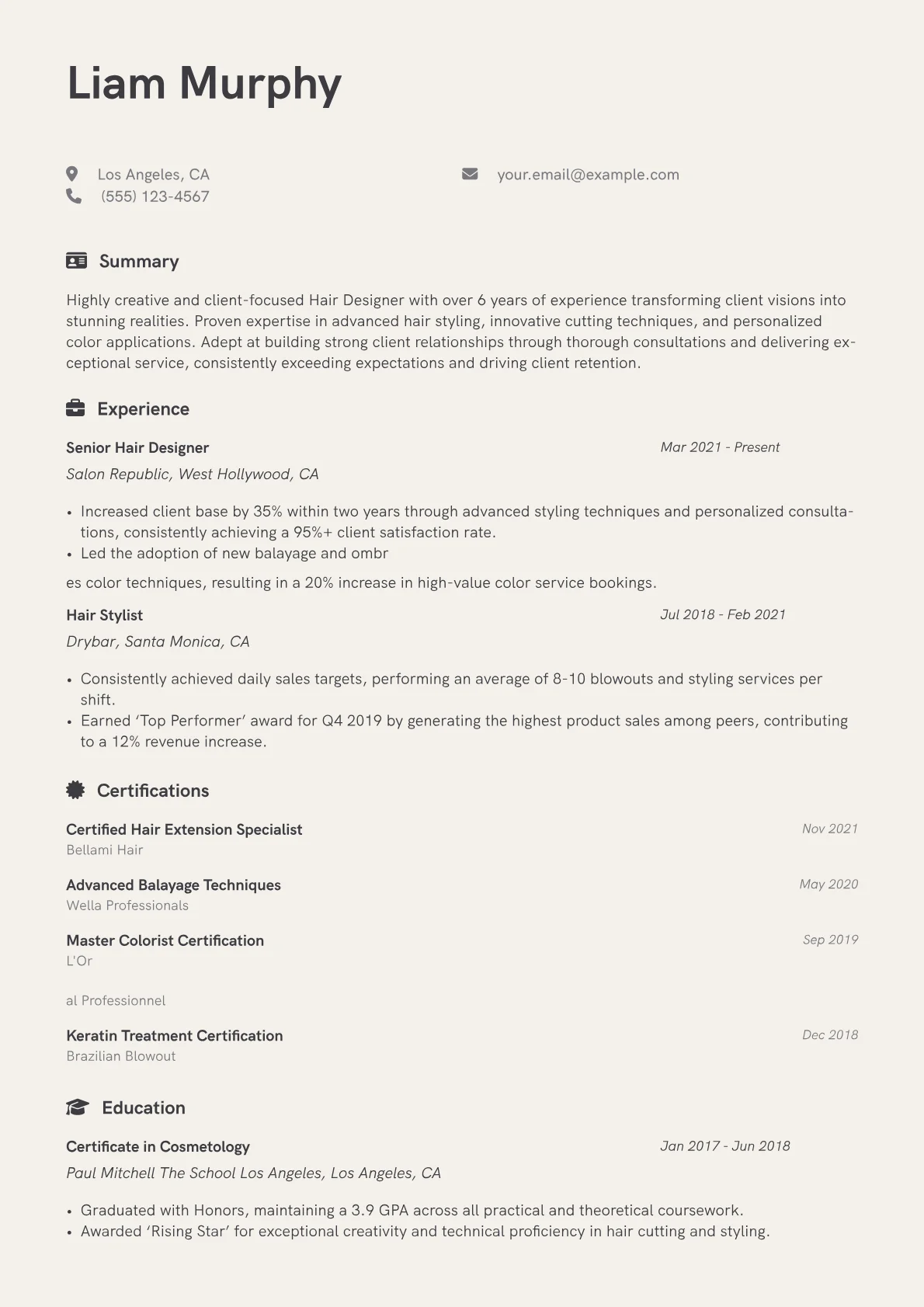 Hair Designer Resume Example CV template - Page 1