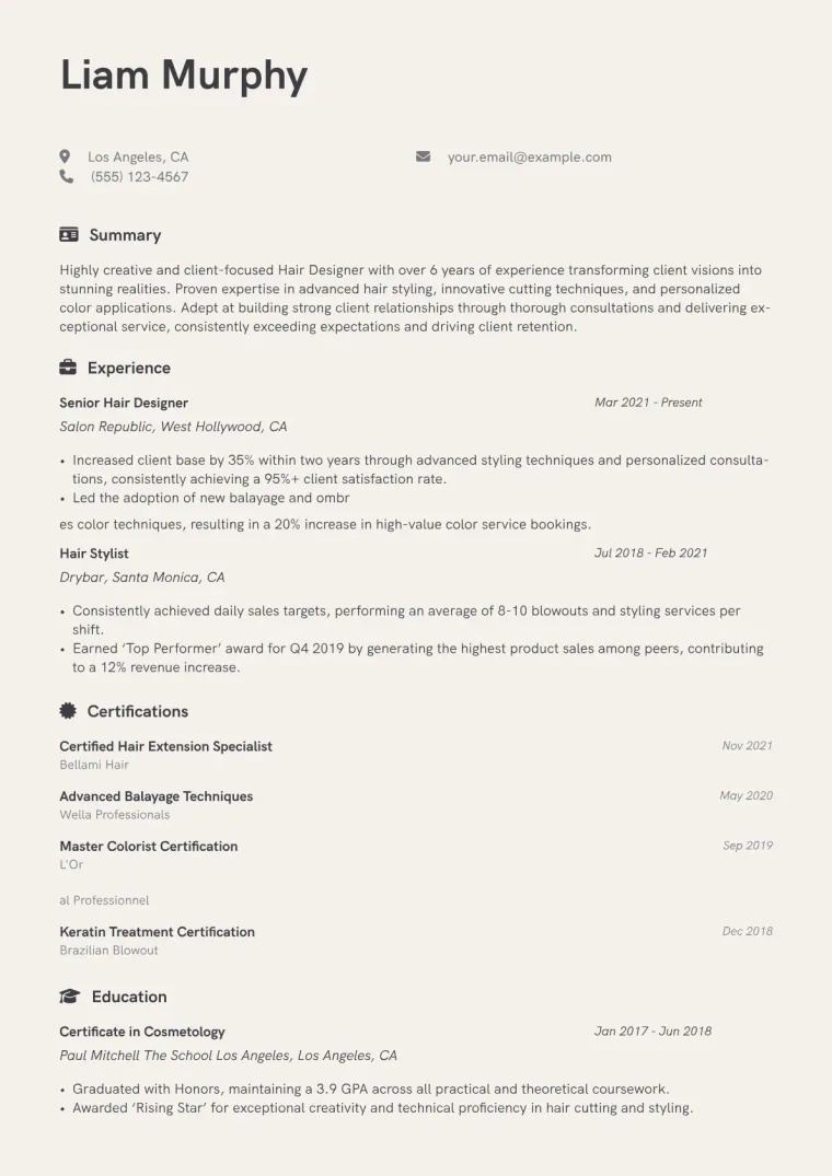 Hair Designer Resume Example CV template preview