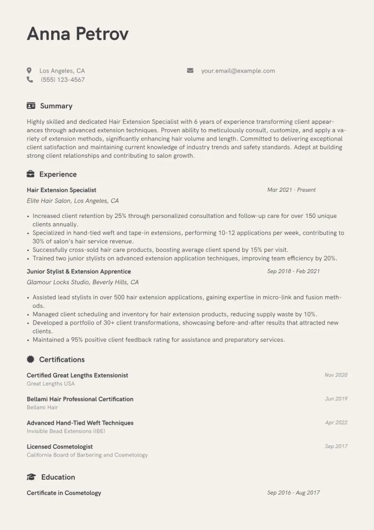 Hair Extension Specialist Resume Example CV template preview