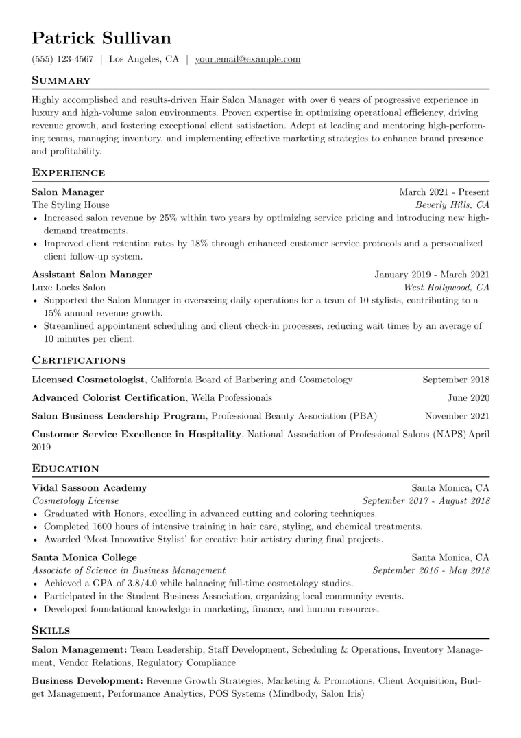 Hair Salon Manager Resume Example CV template preview