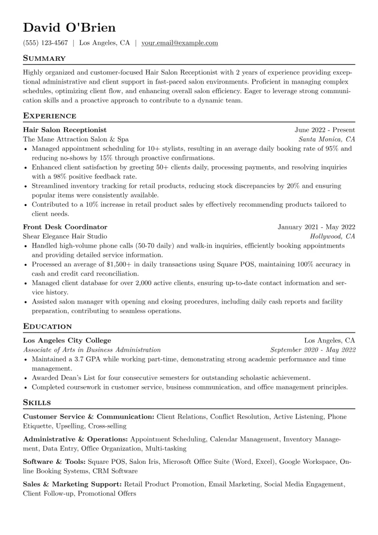 Hair Salon Receptionist Resume Example CV template preview
