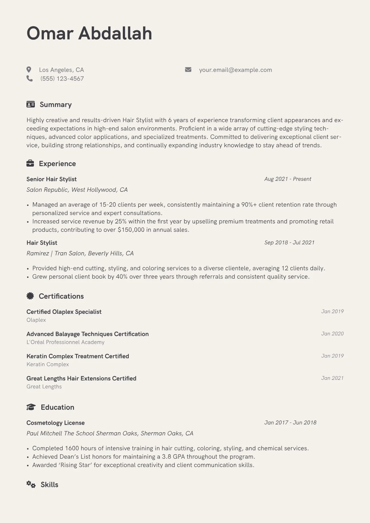 Hair Stylist Resume Example CV template - Page 1