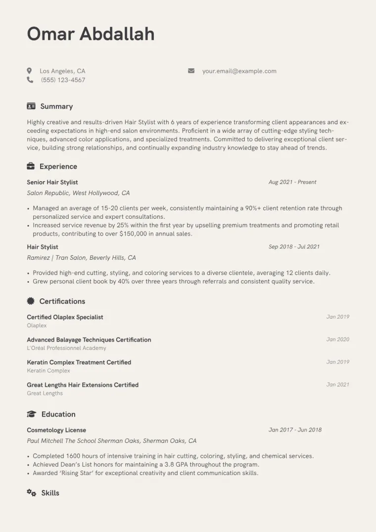 Hair Stylist Resume Example CV template preview
