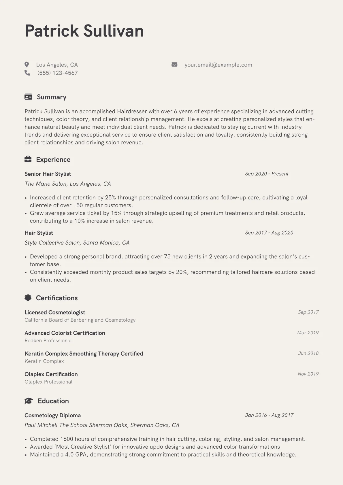 Hairdresser Resume Example CV template - Page 1