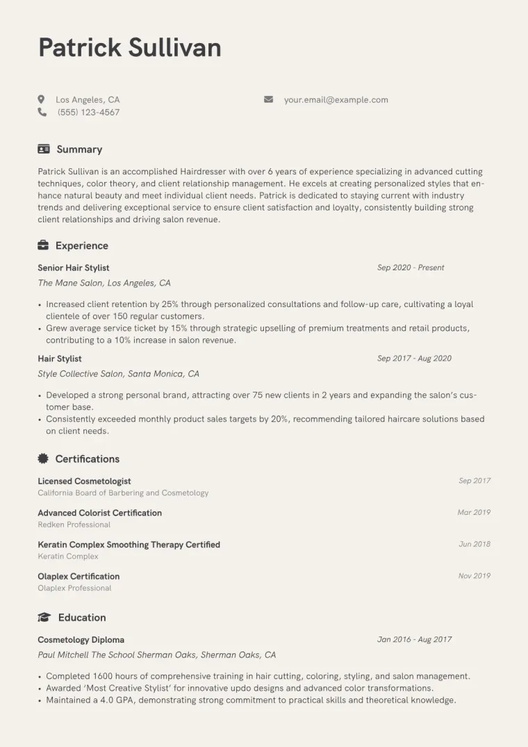 Hairdresser Resume Example CV template preview