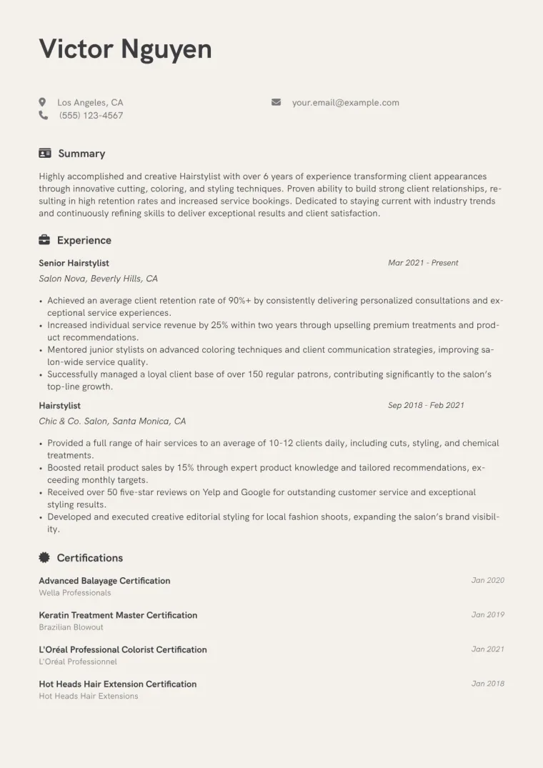 Hairstylist Resume Example CV template preview