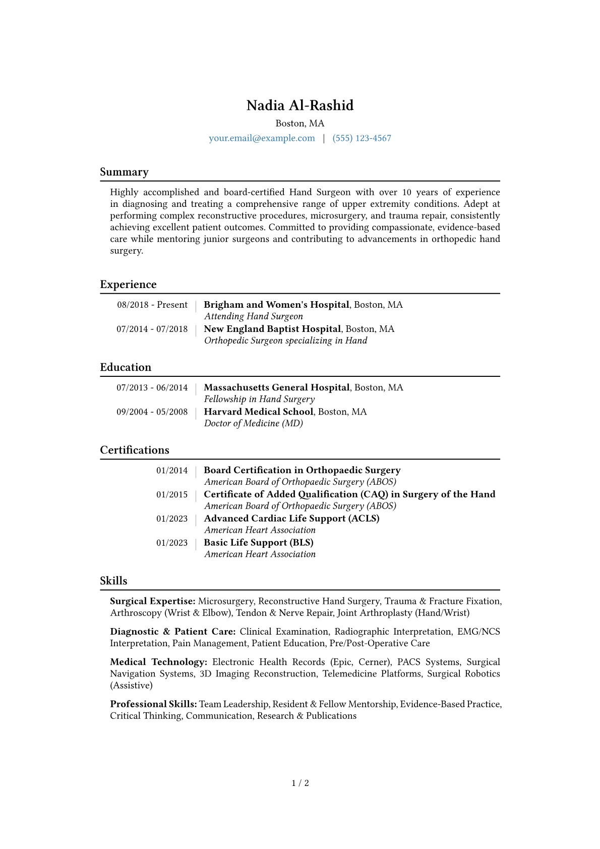 Hand Surgeon Resume Example CV template - Page 1