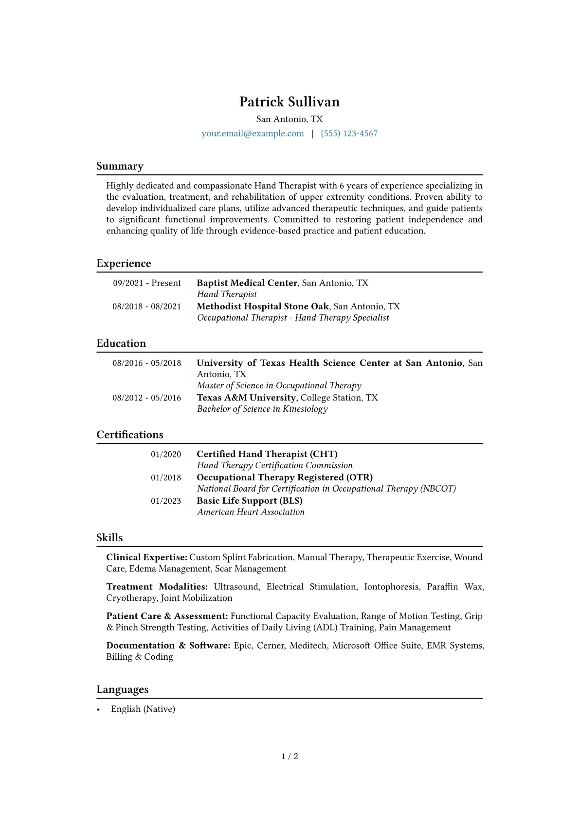 Hand Therapist Resume Example CV template - Page 1