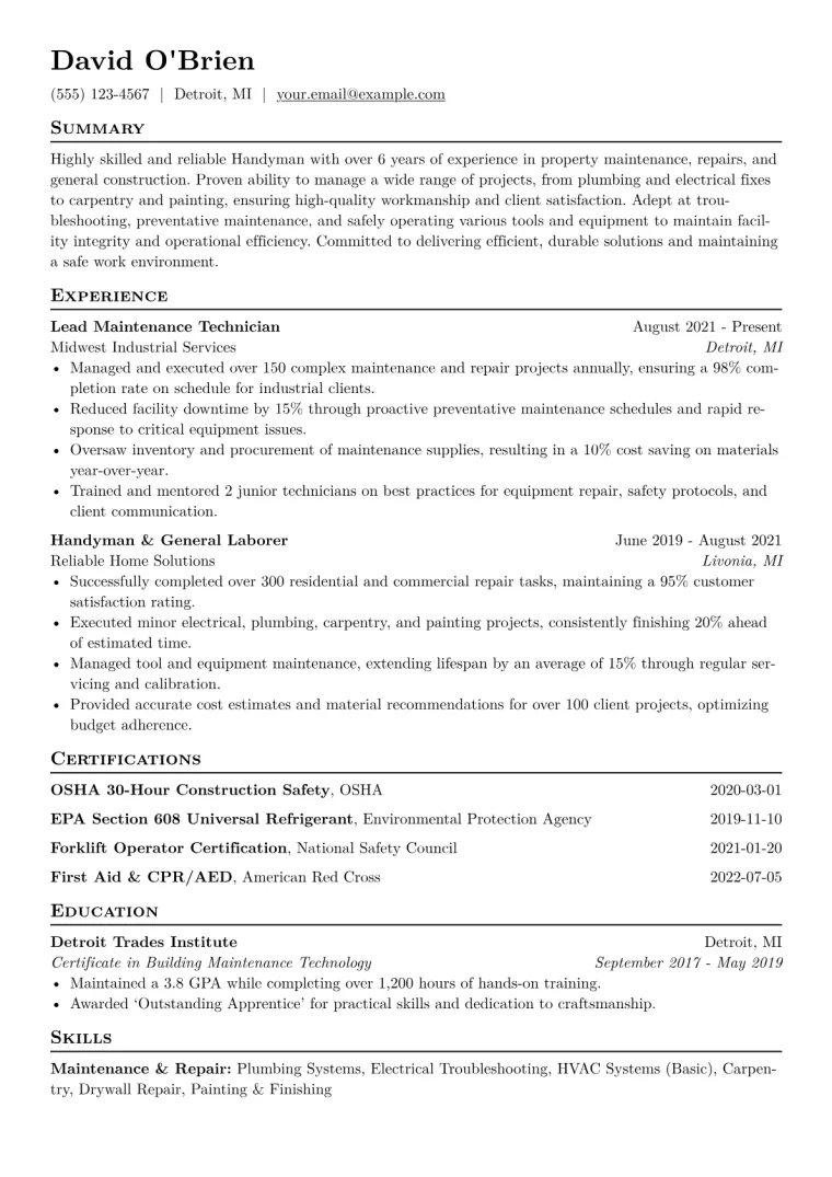 Handyman Resume Example