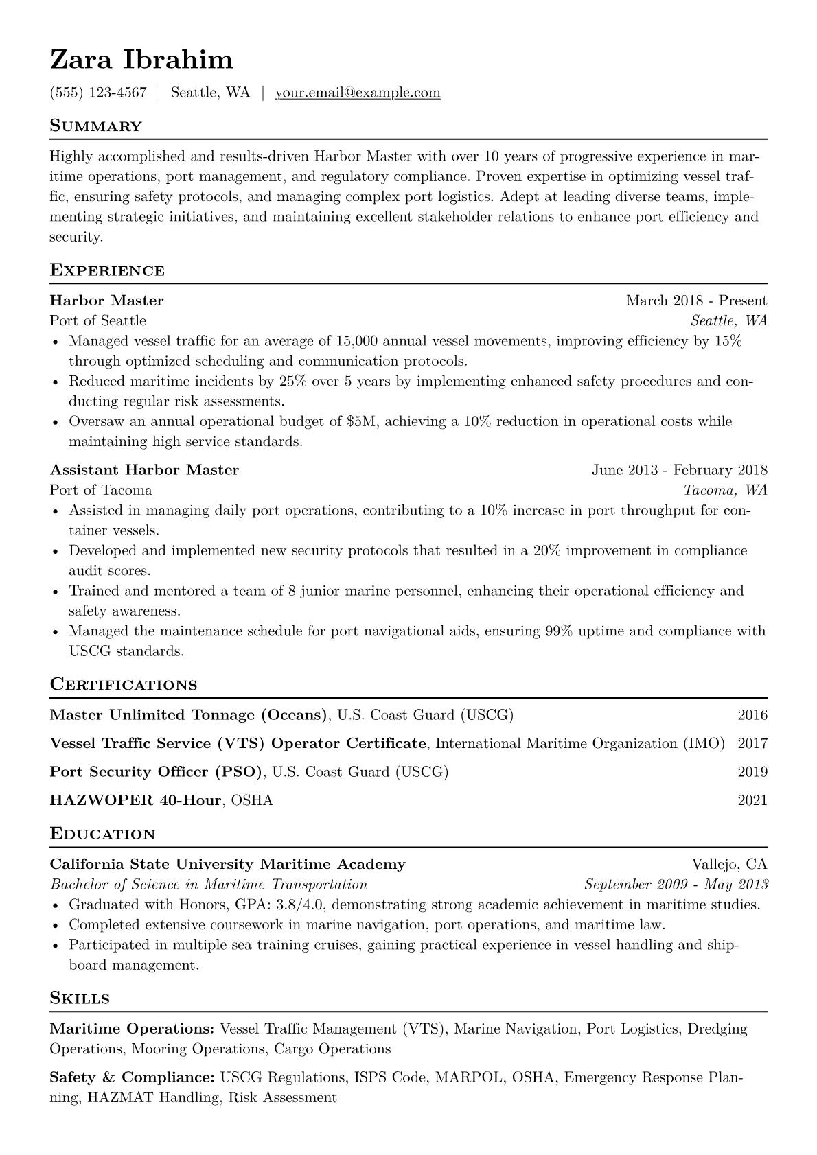 Harbor Master Resume Example CV template - Page 1