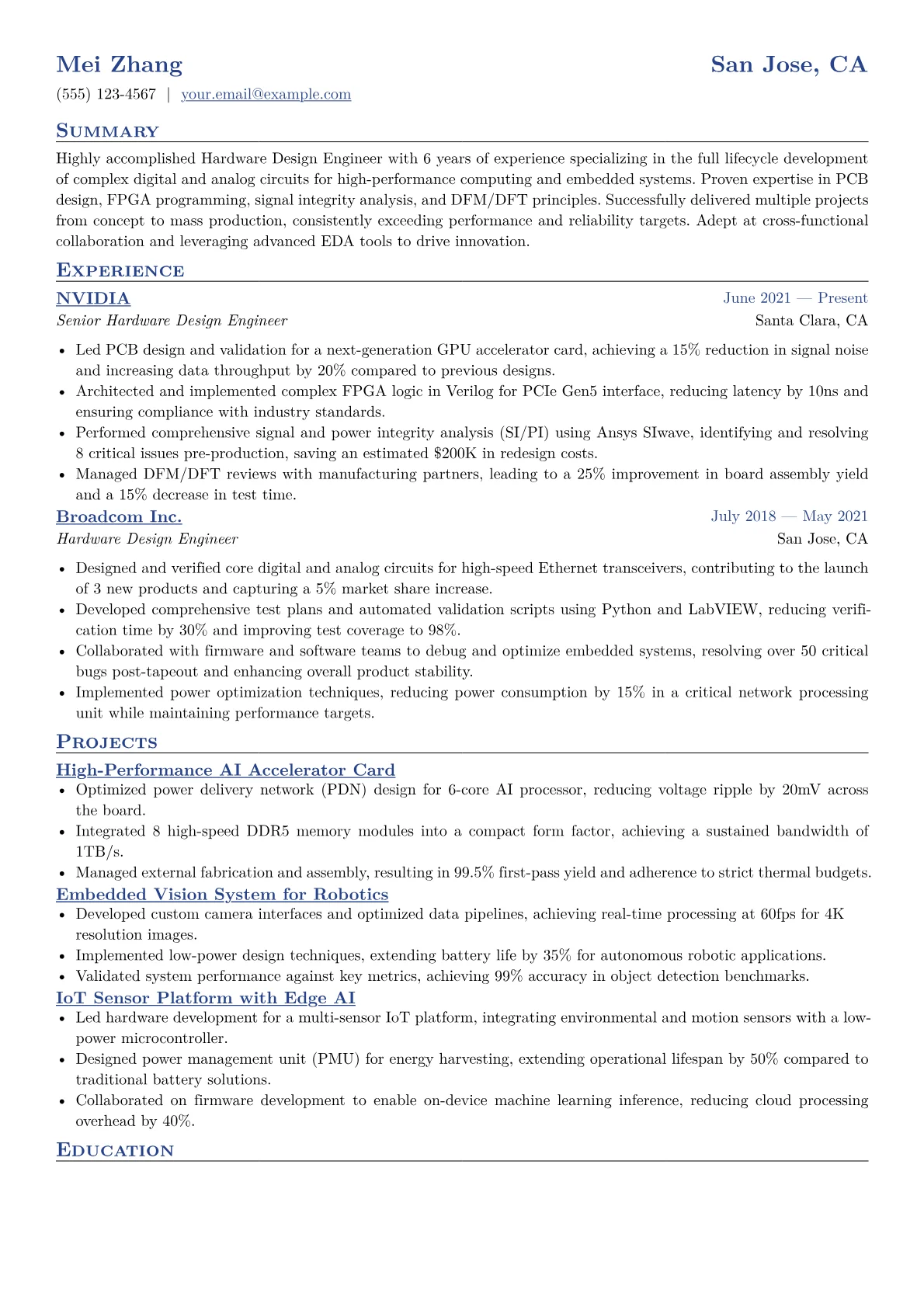Hardware Design Engineer Resume Example CV template - Page 1