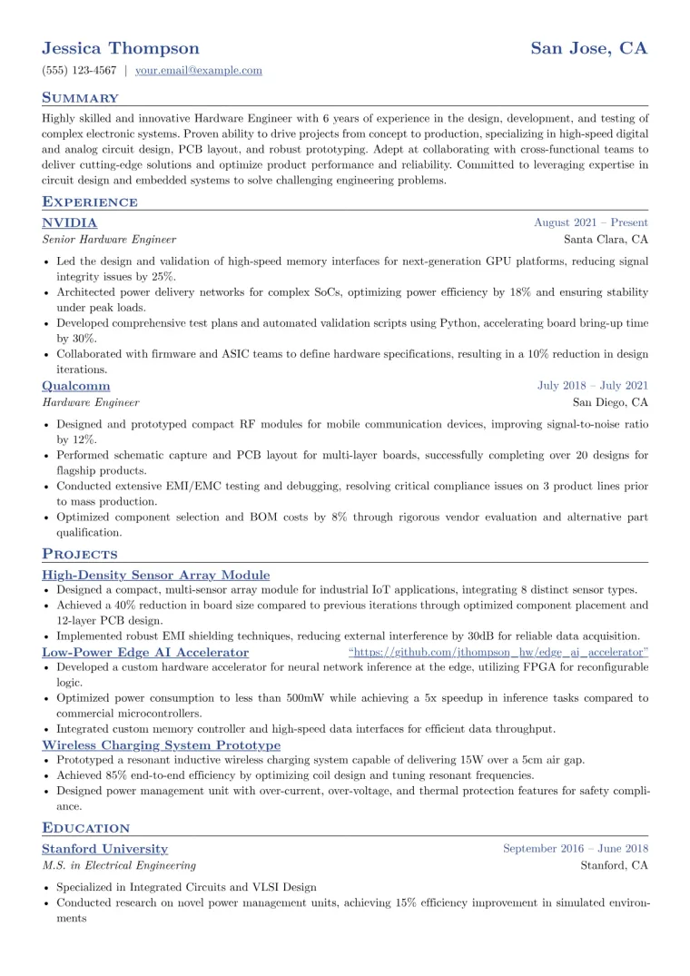 Hardware Engineer Resume Example CV template preview