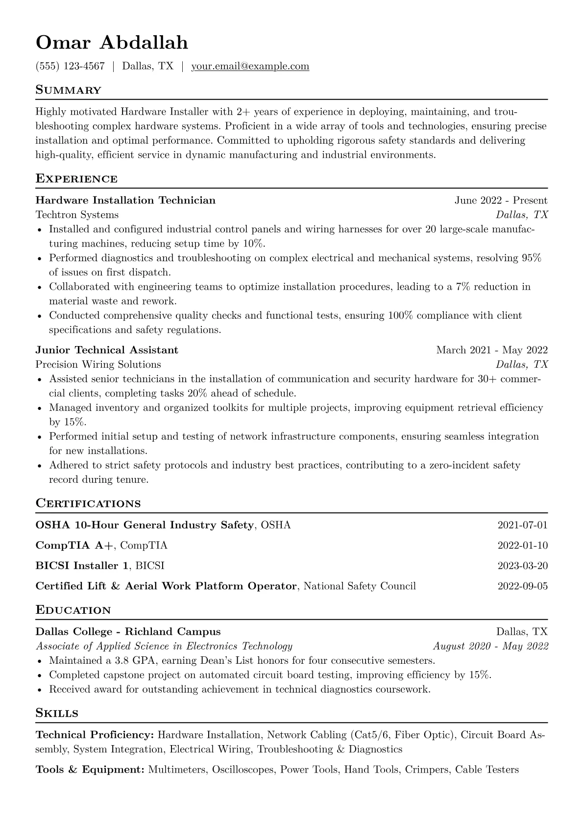 Hardware Installer Resume Example CV template - Page 1